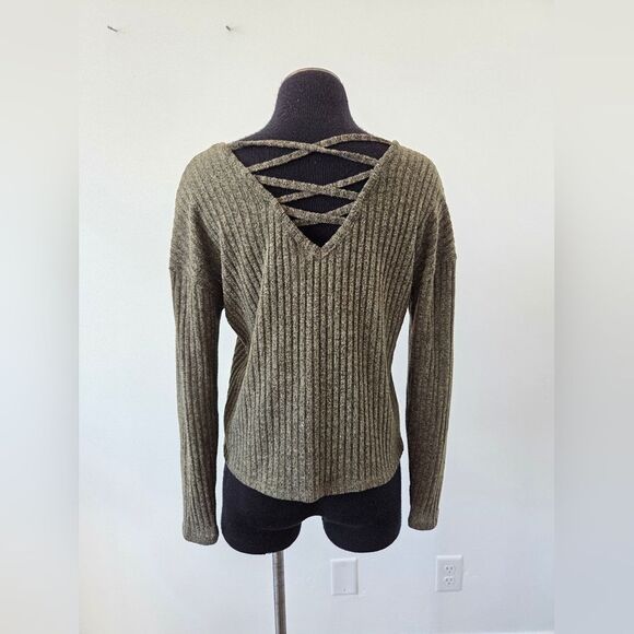 Green Ribknit Top Corset Tie Strappy Shirt Hippie Gypsy Casual Neutral Earthy - Picture 5 of 10